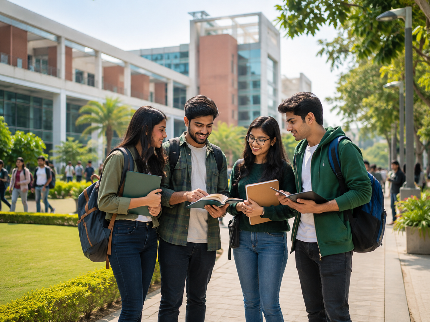 Students in a higher education campus environment
